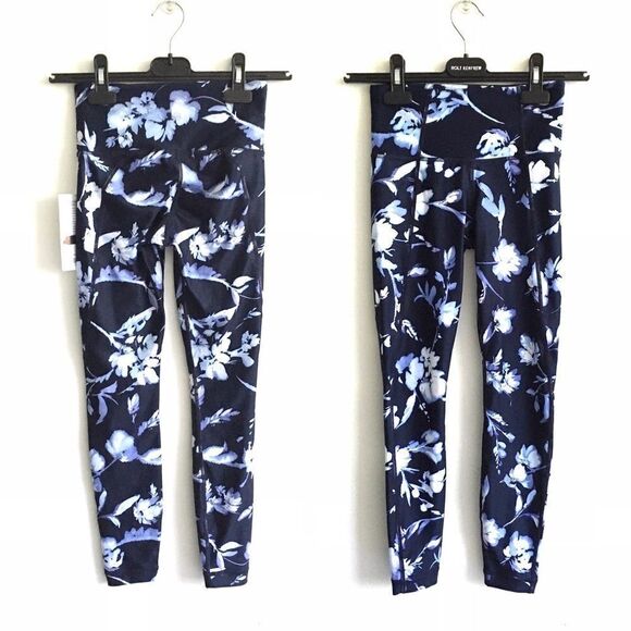 ATHLETA Water Flower Print 7/8 Yoga Gym Leggings Navy Blue XXS - Picture 4 of 6